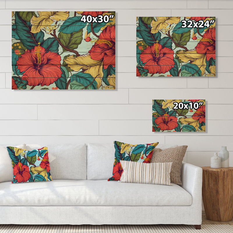 Corail sarcelle, hibiscus tropical harmonie II sur bois, H 30 po x l 40 po x P 0,78 po