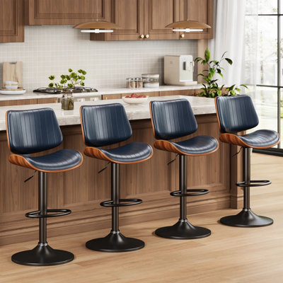 Set Of 4 Swivel Bar Stools With Adjustable Height, Bentwood Back, PU Leather Seat, And Footrest – Modern Counter Height Chairs For Kitchen Island, Dining Room, Or Home Bar, Comfortable & Easy To Clean