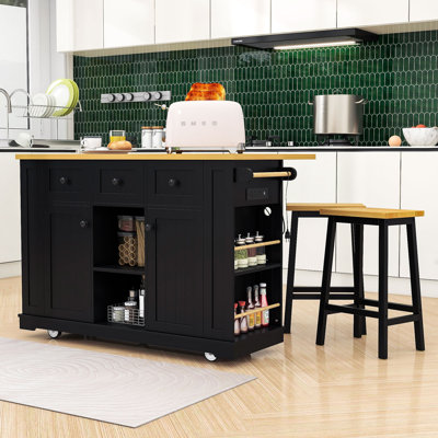 Kitchen Island Set with 2 Bar Stools, Integrated Power Outlets and Expandable Storage
