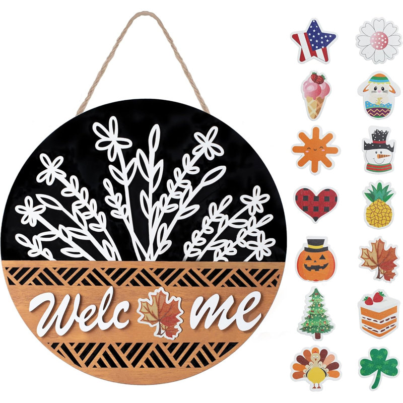 Panneau de bienvenue interchangeable 3D pour porte d'entrée, décoration murale ronde en bois rustique pour toutes les saisons