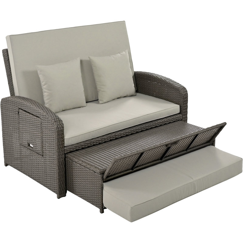 Wicker Rattan Double Chaise Lounge, 2-Person Reclining Daybed with Adjustable Back and Cushions, Gray
