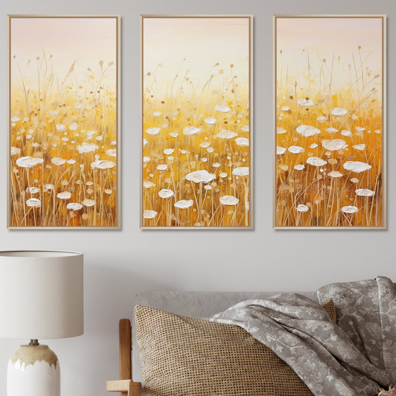 «Golden Harvest Floral Field III», ensemble d'art sur toile, Cadre naturel flottant, H 32 po x l 48 po x P 1 po