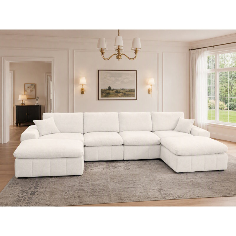 Sectionnel modulable réversible 6 pièces de 147 po de largeur, Polyester beige blanc