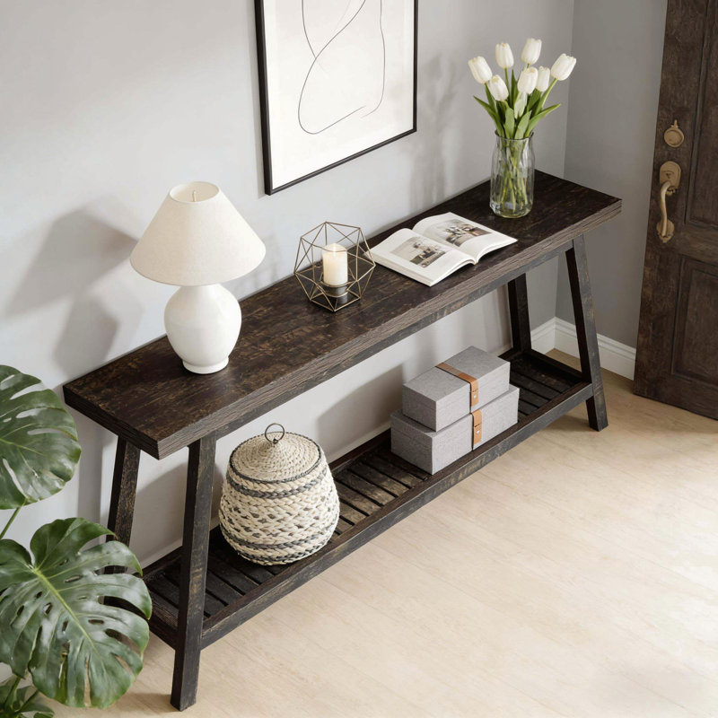 Console de 70,9 pouces de style campagnard pour entrée, table d'entrée à 2 niveaux, Marron foncé