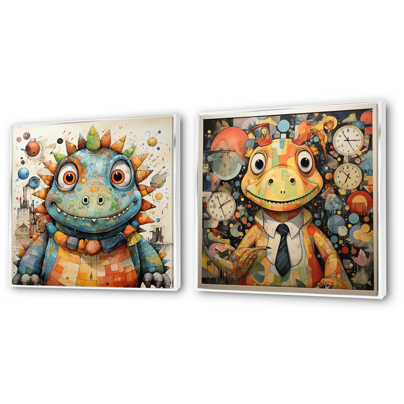 Cubist Dinosaur Nursery I - ensemble de 2 reproductions d'art mural de dinosaures, Cadre flottant blanc