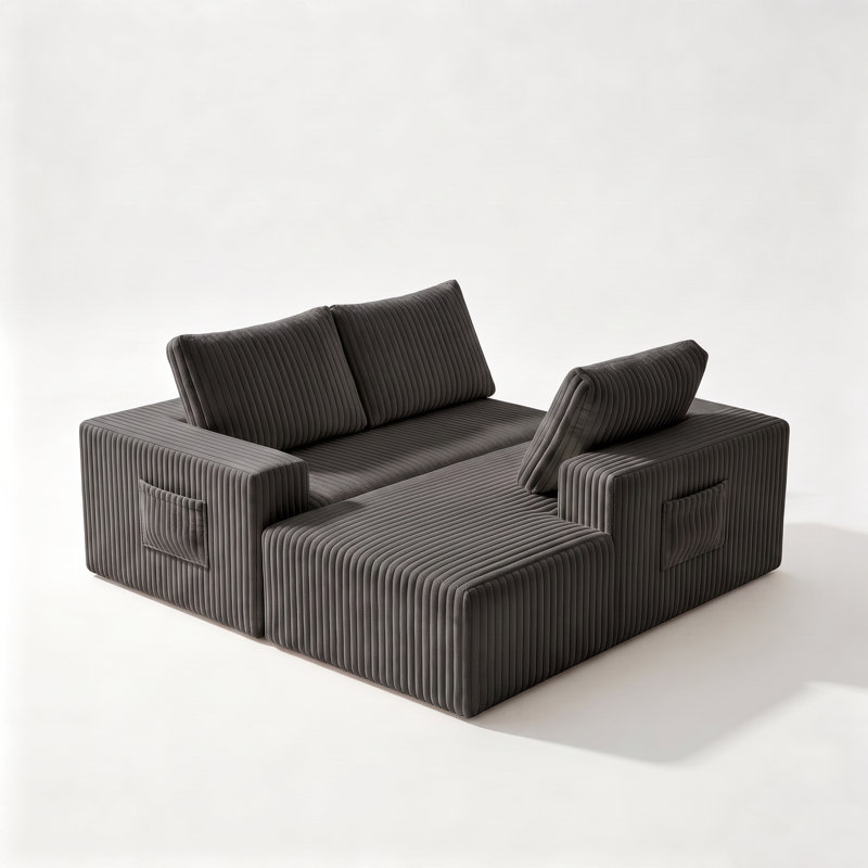 Canapé modulaire en forme de L en flanelle désossée avec assise spacieuse, choix de méridienne orientée à droite, double poches latérales, aucun assemblage requis