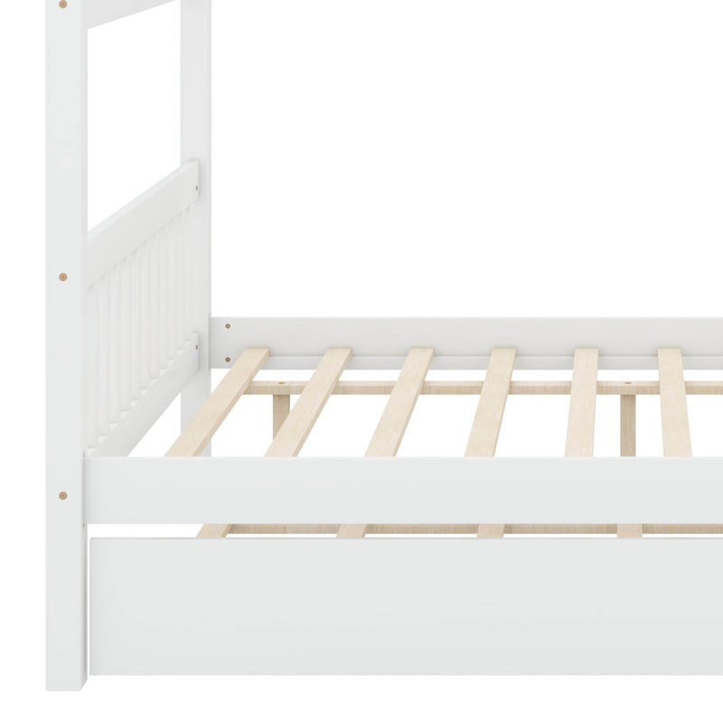 Spacieux lit double en bois avec lit gigogne, Blanc