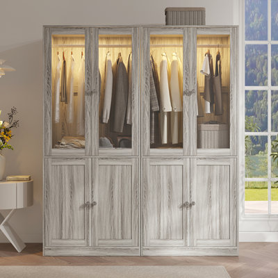 74.8" H 2-glass Door Wardrobe Armoire, Wardrobe Closet With Smart Led Light, Hanging Bar, And 2 Storage Shelves (set Of 2)