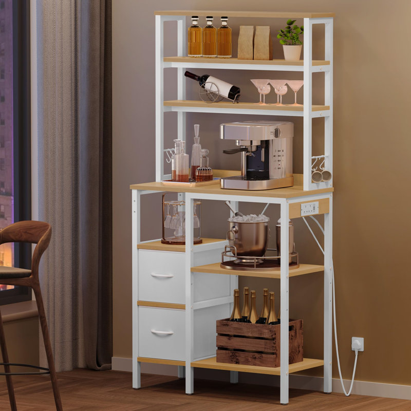 Kitchen Storage Rack With Power Outlet, 2 AC Outlets 2 USB Ports, Coffee Bar, Baker's Rack With 2 Drawers And 4 Hooks, Microwave Shelf