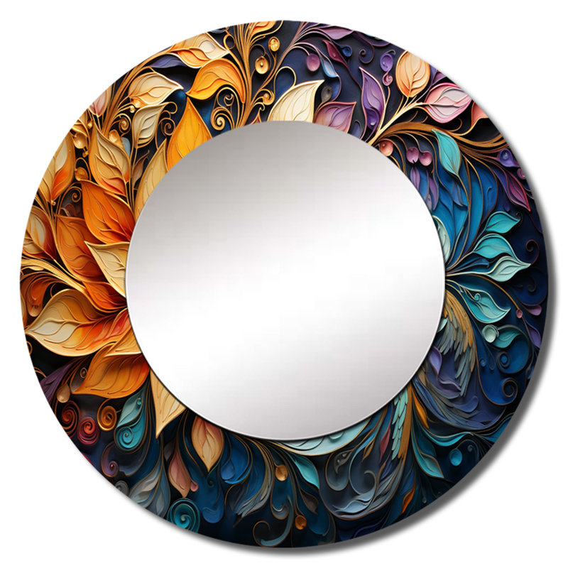 Art indien coloré et mystique Rangoli I - art mural indien unique, miroir mural rond, impression sur métal, 36 po x 36 po