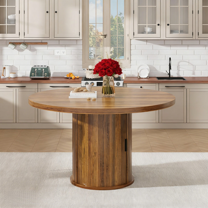 47 Inch Round Dining Table for 4-6, Kitchen Table with 2-Layer Storage Shelf and a Drawer, Farmhouse Circle Dinner Table for Dining Room, Kitchen, Living Room (Table Only)