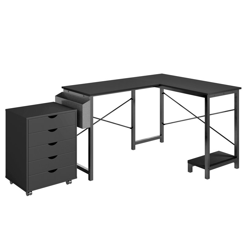 Office Set: L-Shaped Desk And 5 Drawers Mobile File Cabinet, Black