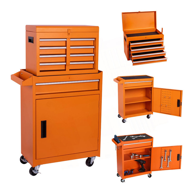 Armoire de rangement à outils à 5 tiroirs avec boîte à outils supérieure amovible, Orange