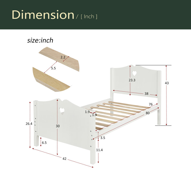 Lit plateforme simple avec support à lattes de bois, tête et pied de lit