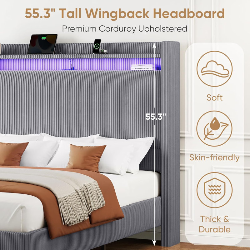 Corduroy Upholstered Platform Bed Frame With Led Lights & Charging Station, Wingback Storage Headboard, Queen, Dark Gray