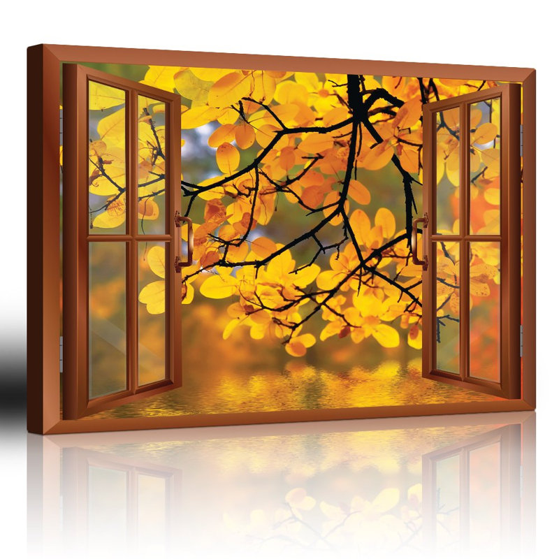 Autumn Fall " Modern Copper Window Looking Out Into a Yellow Tree Framing a Lake " Print