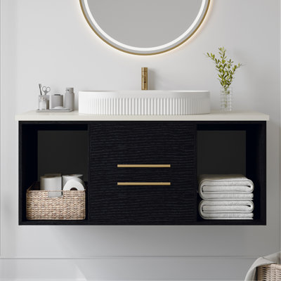 Meuble-lavabo mural avec lavabo ovale, armoire en bois avec tiroirs à fermeture en douceur et tablette ouverte, meuble-lavabo avec rangement pour la maison