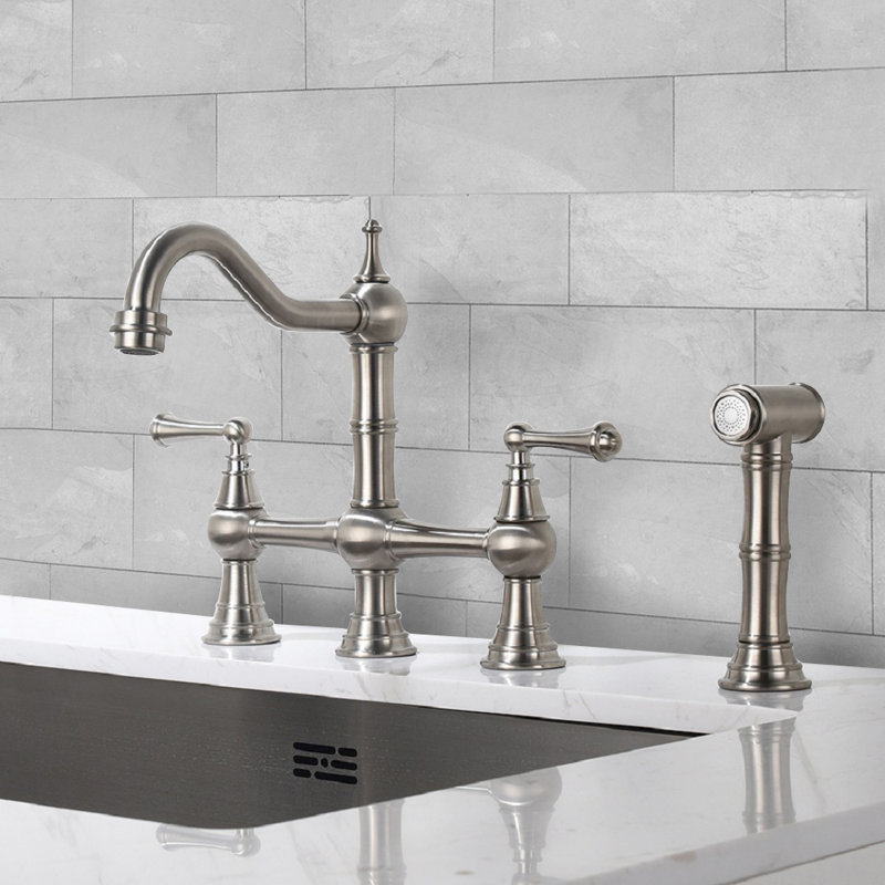 Robinet d'évier de cuisine Bridge avec douchette latérale extractible, Nickel brossé