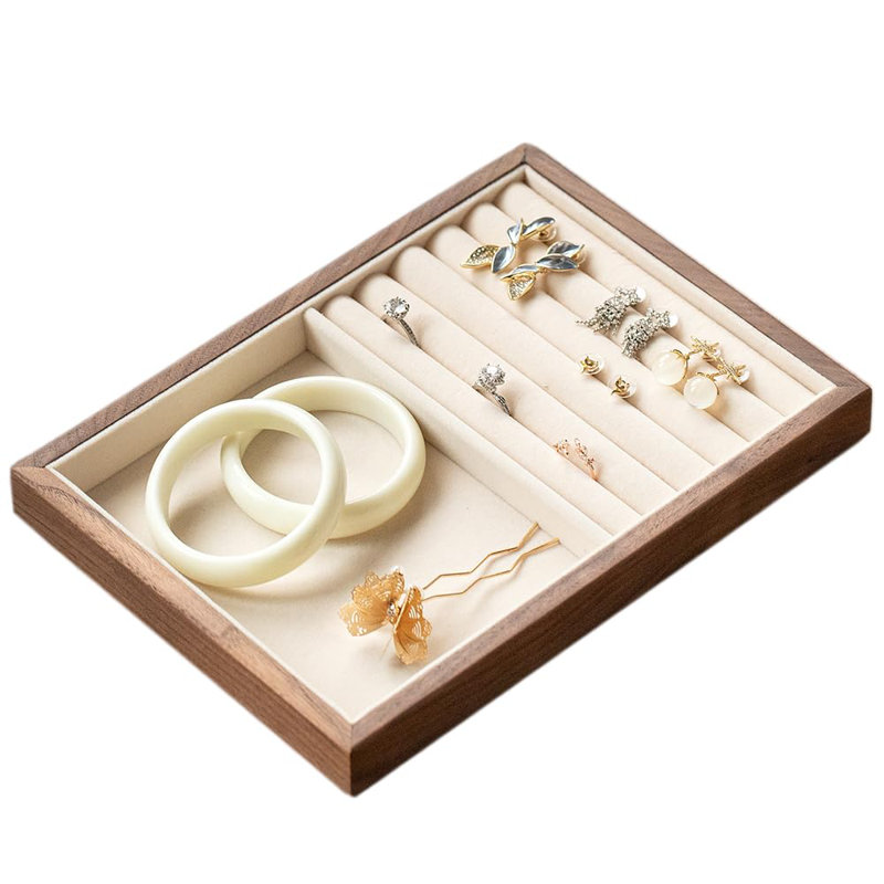 Organisateur de plateau à bijoux en bois de noyer noir avec doublure en velours - plateau de rangement et de présentation de bijoux