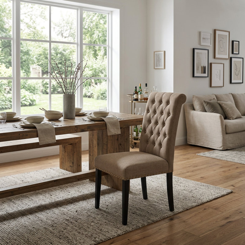 Ensemble de salle à manger rectangulaire en bois et tissu lin noir clair, avec chaises Parsons à dossier capitonné et motif papillon.