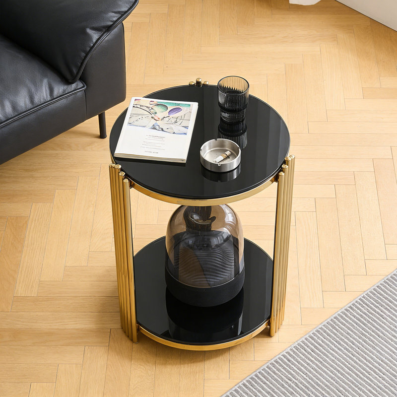 Table de bout moderne 16,9 po - Verre trempé double couche et structure en acier inoxydable doré, table d'appoint de salon