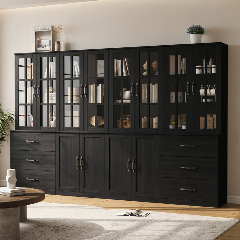 Bibliothèque 71 po x l 94,4 po avec portes en verre et grands tiroirs de rangement (2C + 2D), Noir