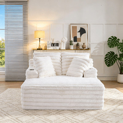 Fauteuil lounge surdimensionné Cloud Couch, chaise longue en fausse fourrure avec coussins et porte-gobelets, fauteuil lounge moelleux une place avec soutien à ressorts ensachés pour salon, chambre, coin lecture, aucun assemblage requis