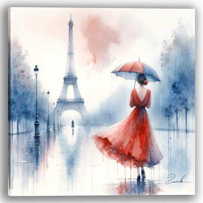 «Romantic Paris Rain Red Umbrella and Eiffel Tower», reproduction sur toile tendue