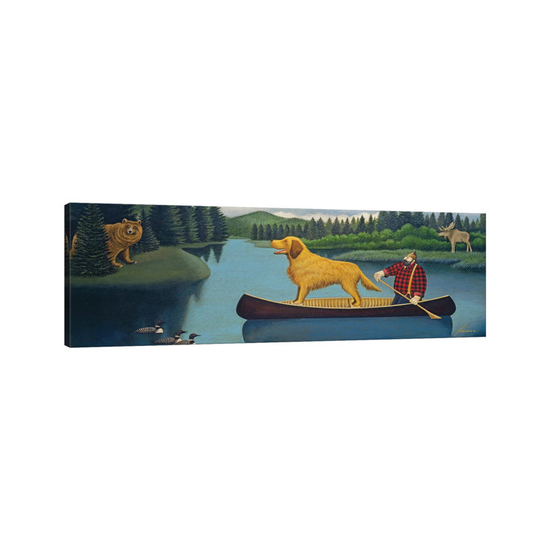 Lumberjack In Canoe by Lowell Herrero - Wrapped Canvas Panoramic Painting, 30.48 cm H x 91.44 cm W x 1.91 cm D