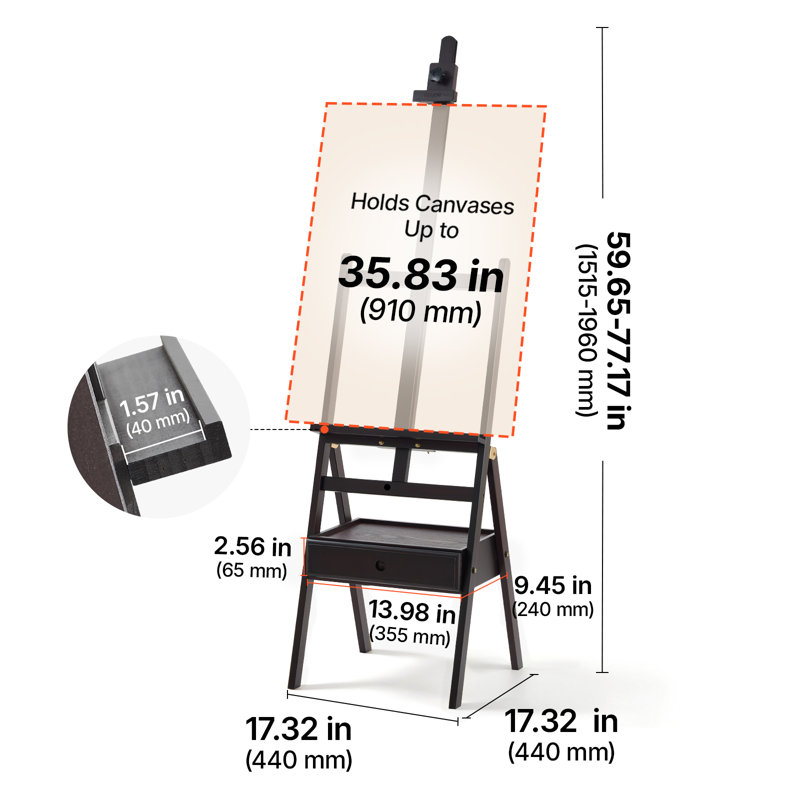 Studio H-Frame Easel Holds Canvas to 35.83" Beech Wood Walnut Color, For Artists Painting, Sit or Stand Adjustable Height, Solid Wood Frame, Multi-Function Wooden Art Easel with Storage Drawer