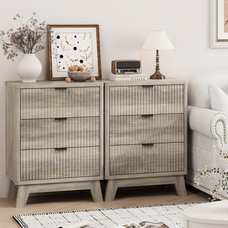 3-Drawer Fluted Nightstand with Storage, 24" Wide Mid Century Modern Bedside Table, Wooden End Table with Metal Handles & Splayed Legs, Small Dresser for Bedroom, Living Room,