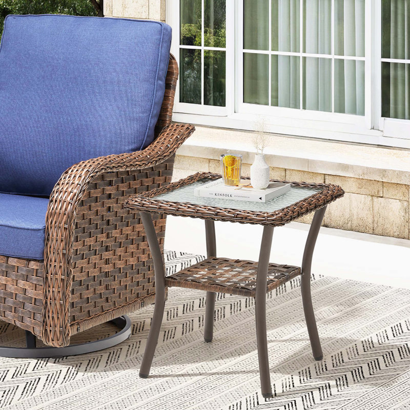 Table d'appoint d'extérieur en osier, petite table de bout carrée en rotin pour terrasse