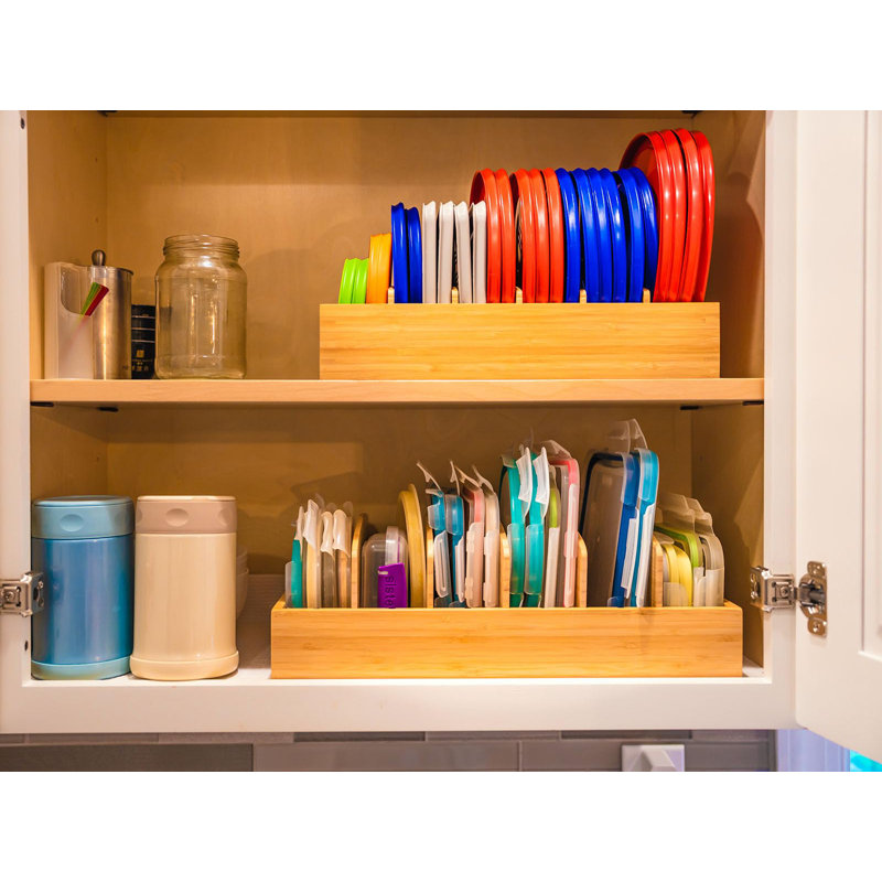Kitchen Cabinet Organizer For Food Storage Container Lids, With Adjustable Dividers, Bamboo Drawer Caddy, Box For Kitchen Storage And Organization