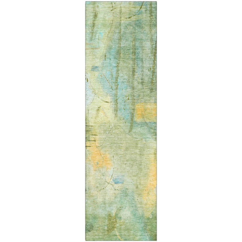Premium Machine Washable Mayfield AMF2032 Abstract Rug, 2'3" x 7'6" Runner, Sage