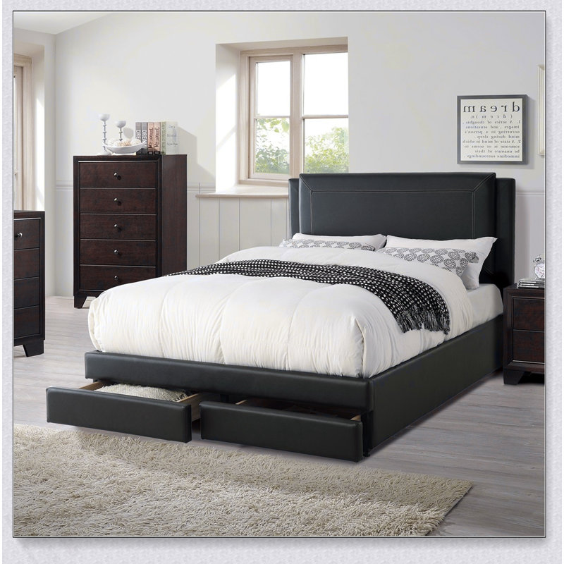 Ensemble de lit 1 pièce noir luxueux avec tiroirs de rangement FB Modern, Lit double