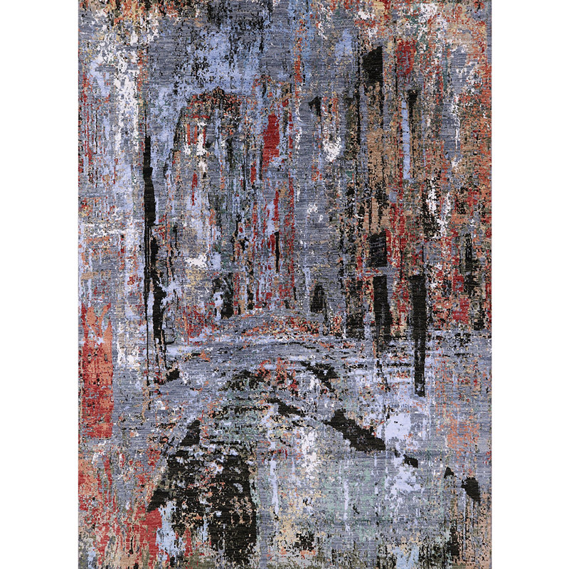 Tapis bleu / noir / mauve à motif abstrait Bruceton, Rond 8 pi