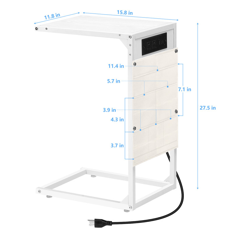 Ensemble de 2 tables d'appoint en forme de C blanc cendré avec sac de rangement et multiprise