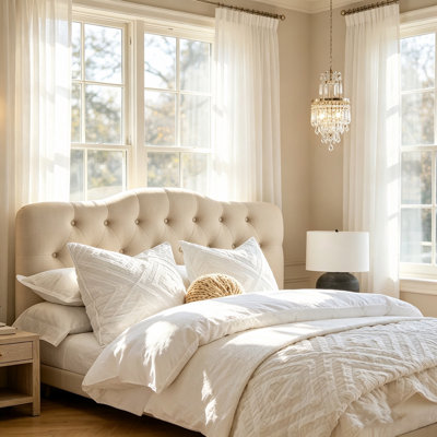 Upholstered Tufted Headboard Queen Size, Curved Button Tuft Linen Fabric Head Board, Height Adjustable Bed Headboard for Bedroom, Beige
