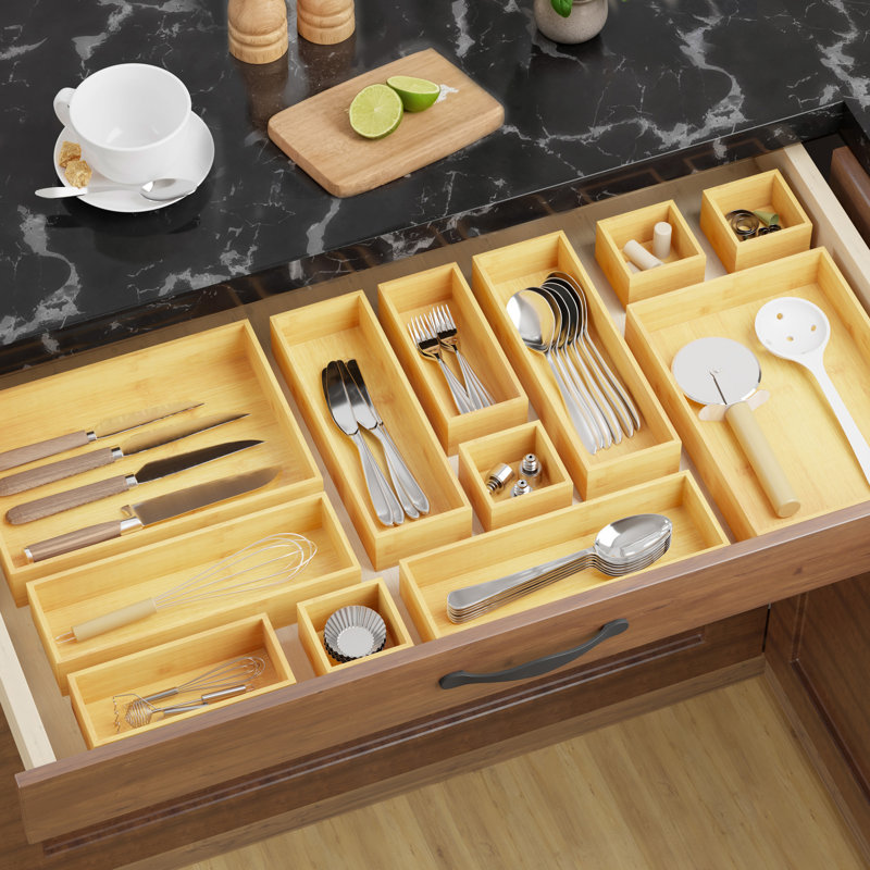 Ensemble de 14 tiroirs en bambou, bacs en bois multi-usages pour la cuisine, la salle de bain, le bureau et l'organisation de maquillage