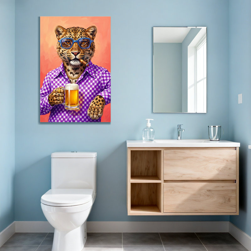 Animaux, léopard, porte des lunettes et boit de la bière, H 40 po x l 28 po
