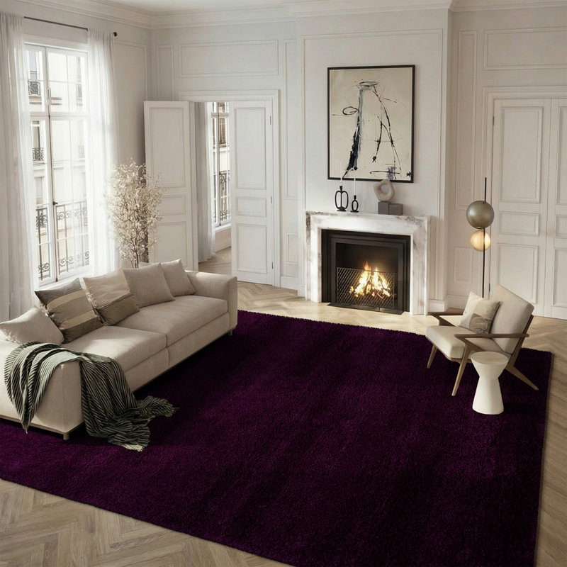Tapis performance à poil long de couleur unie Vandoren, Purple, Rectangulaire 8 pi x 10 pi