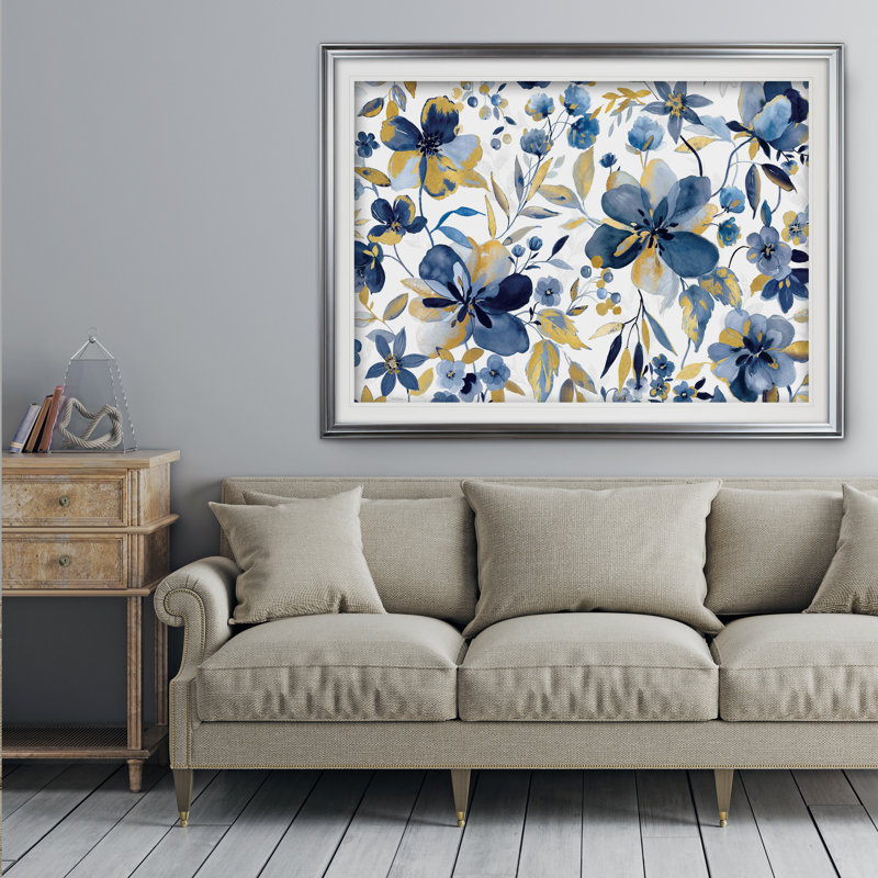 " Golden Indigo Garden ", Framed Print, 24" H x 32" W, Silver