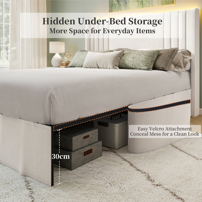 Upholstered Flip Top Storage Bed Frame, Double(4'6), Cream, Velvet