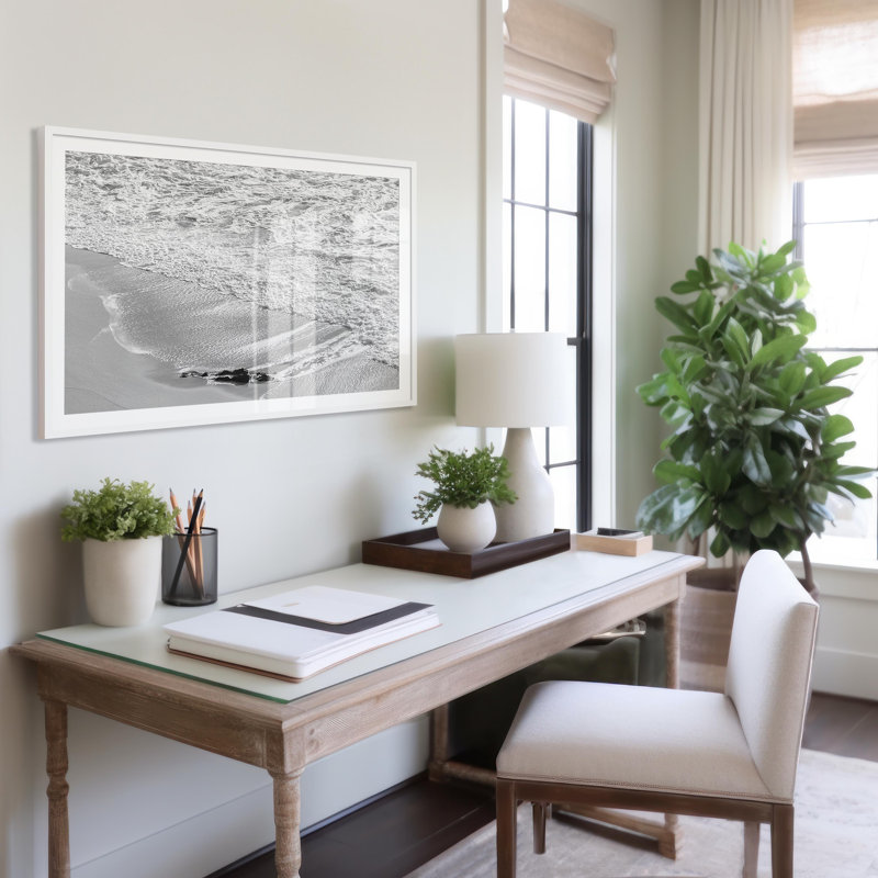 Black and White Shoreline Framed Photographic Print, 25" W x 18" H, White Wood