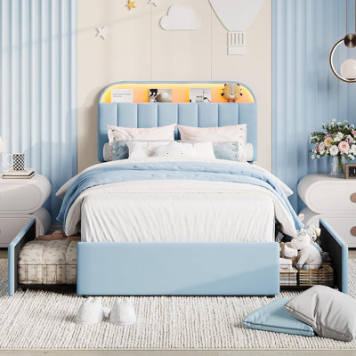 Twin Velvet Bed Frame with LED Headboard & 2 Drawers, Blue