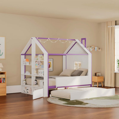 House Bed Frame with Pull-Out Trundle, Tail End Storage Shelves and Cool White LED Lights