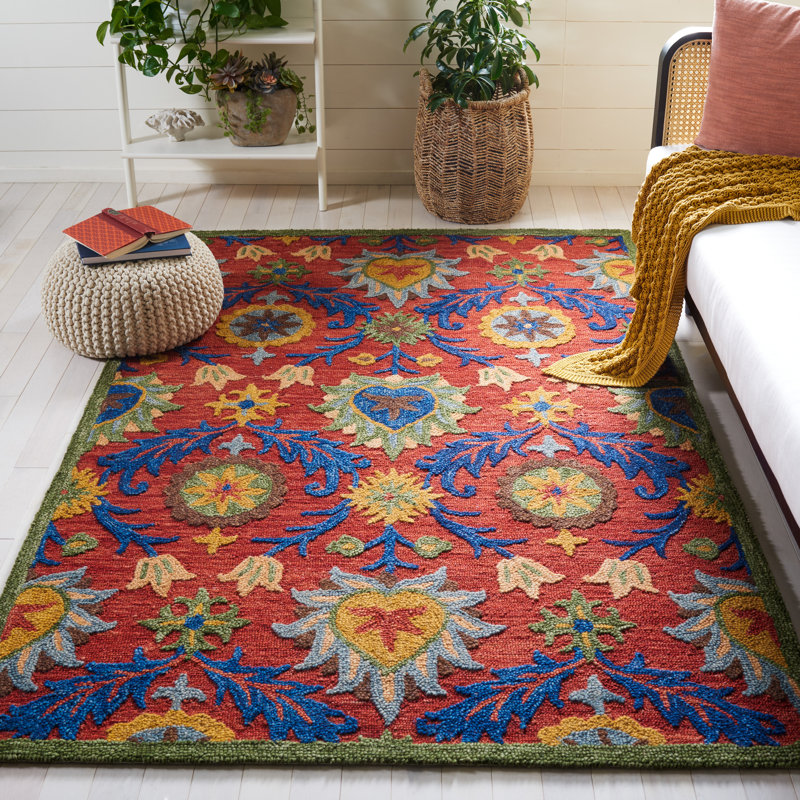 Tapis rouge / bleu / jaune touffeté à la main Gulledge, Rectangle de 5 pi x 8 pi
