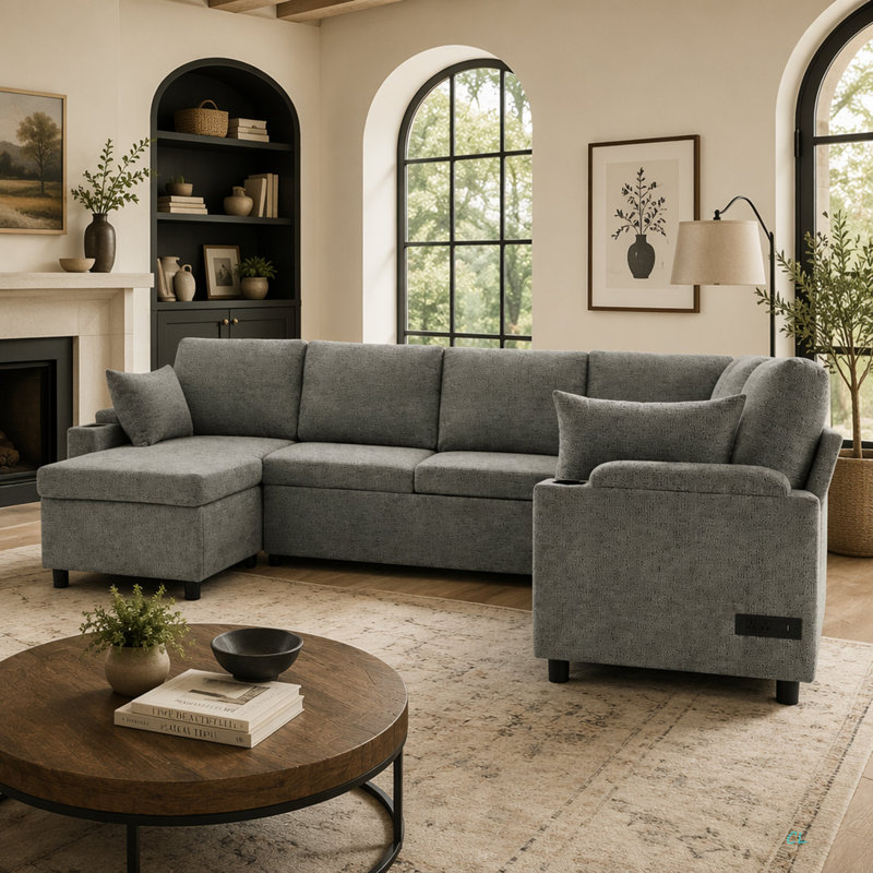 Canapé modulaire 109,9 po Canapé-lit polyvalent Canapé-lit en forme de U avec un grand espace de rangement, deux porte-gobelets et des ports de chargement pour le salon