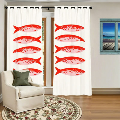 2Pcs Cute Fish Pattern Blackout Curtains, Decorative Room Darkening Grommet Window Drapes for Living Room Bedroom Kitchen Home Decor, Nautical Themed and Accessories