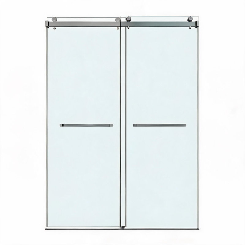 Porte de douche coulissante double sans cadre, finition nickel brossé, 152 cm x 200 cm, verre trempé de 9,5 mm et quincaillerie en acier inoxydable.